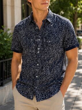 Ted Baker London Floral Print Button Front Shirt Size 7 Navy Cotton 25517